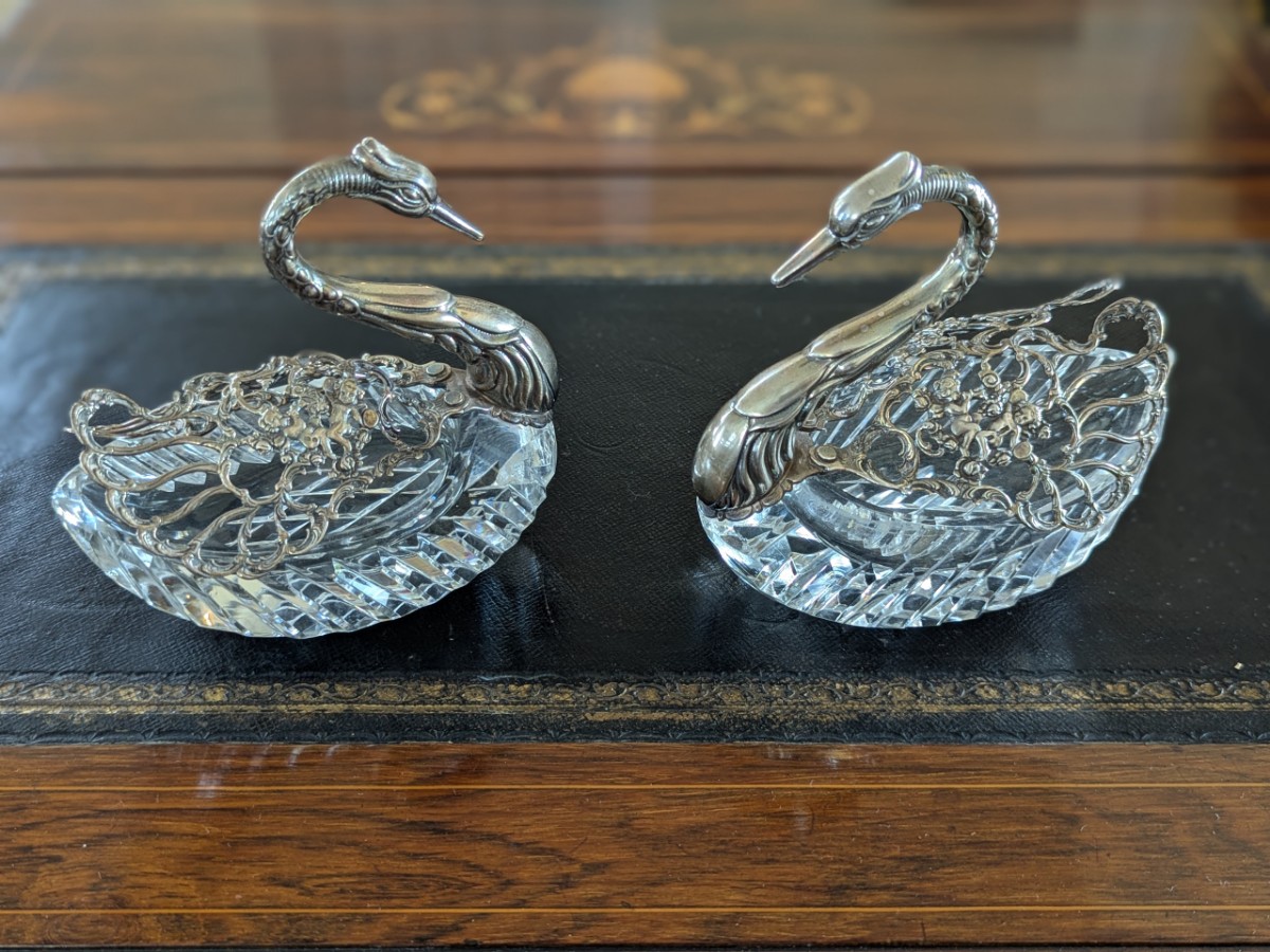 Pair Silver & Cut Glass Swan Bon Bon Dish